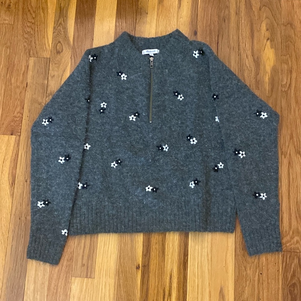 Madewell Women’s Gray Quarter Zip Sweater With Flowers Size S